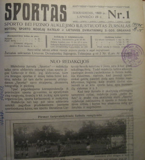 Žurnalo „Sportas“ 1923 m. lapkričio 25 d. pirmojo numerio puslapis