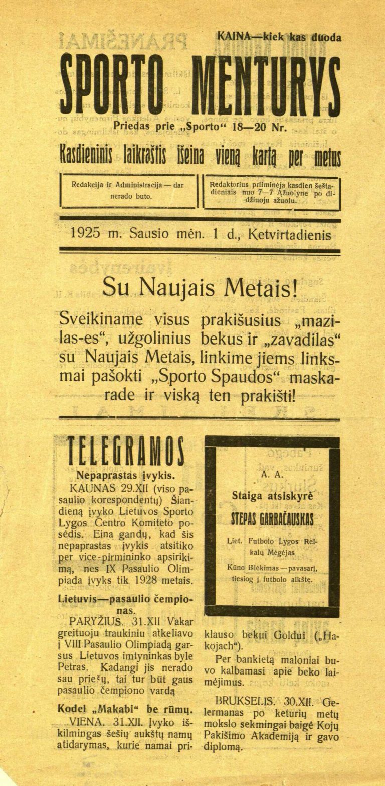 Humoro laikraščio „Sporto menturys“ 1925 m. sausio 1 d. pirmasis puslapis